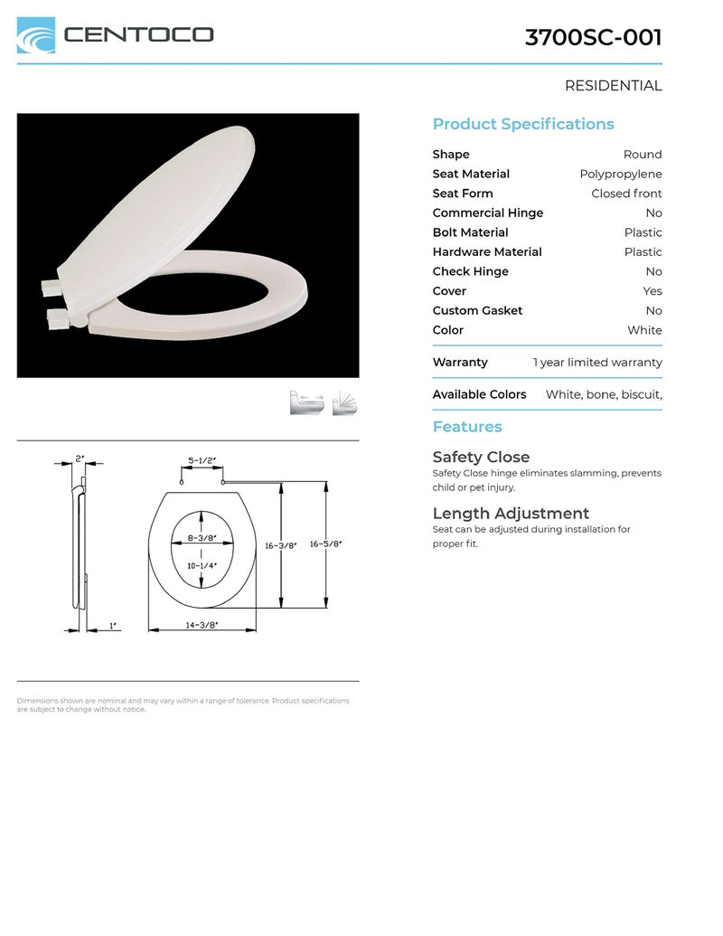 Centoco 3700SC-001 Round Plastic Toilet Seat with Safety Close, Light Weight Residential, White - Image 3